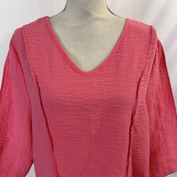 Lulu B Top Womens XL V Neck Top Tunic Lagenlook Crinkle Coral - Picture 2 of 6